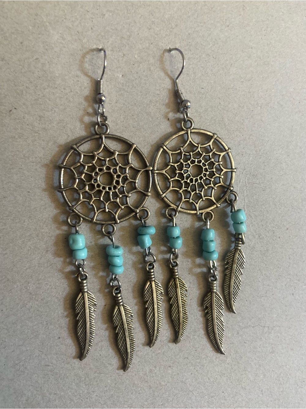 Turquoise Bead Dreamcatcher Dangle Earrings with Gold Feathers - Women Jewelry